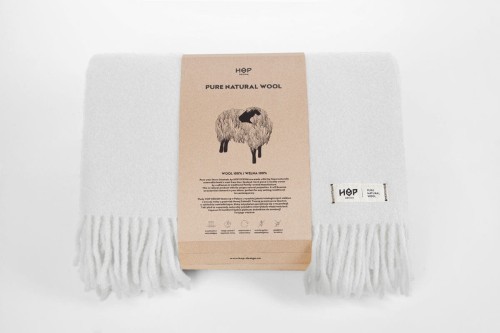 Koc wełniany biały YETI 100% wełna z Nowej Zelandii Hop Design