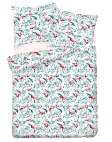 Pościel satynowa 160x200+2x70x80 różwe flamingi 15A Premium Matex